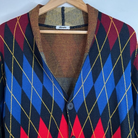 Stilosophy Industry Sweater Mens M/L Argyle Cardigan Wool Made Italy Knit Luxury - Picture 2 of 9
